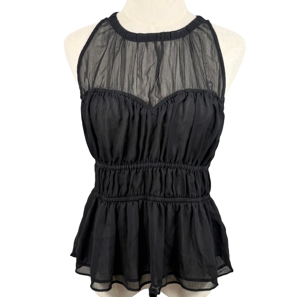 Sleeveless Black M Peplum Top Smocked Sheer High Neck Romantic‎ Whimsigoth Party